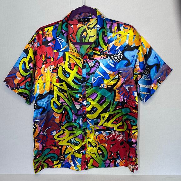 Julia by LoveJ graffiti silk textured button up short sleeve top size S - Picture 2 of 7